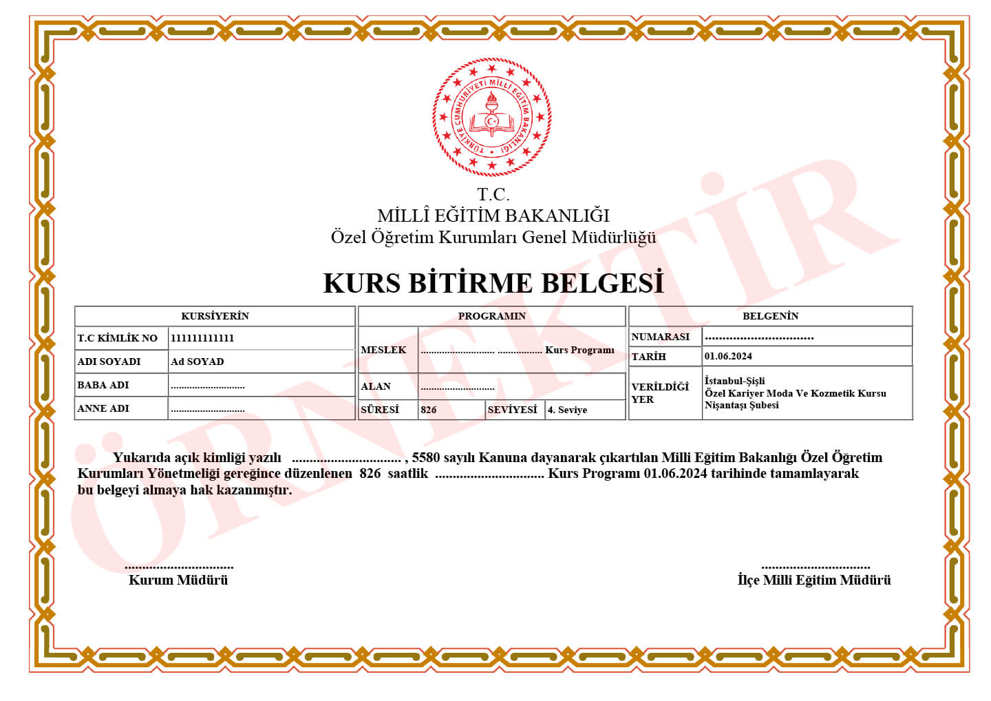 
MEB Sertifikalı Bilgisayarlı Modelistlik (Gerber AccuMark) Kursu Örnek Sertifika